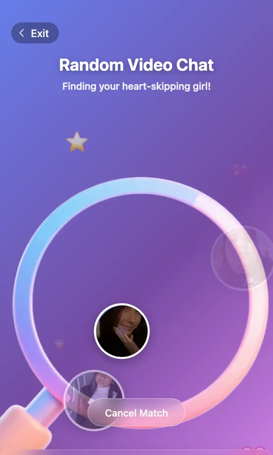 Thunder Chat app screen: random matching in progress, searching for the next person online