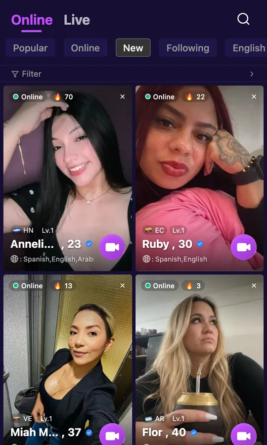 Thunder Chat app screen: the online list with country, language and a video call button on every card
