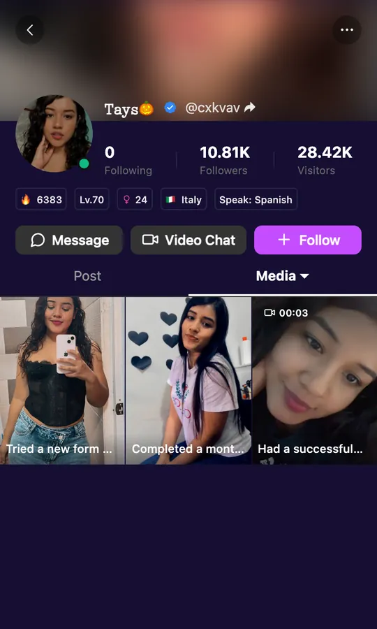 Thunder app screen: a profile with followers, country and language chips, Message / Video Chat / Follow buttons, and a media grid